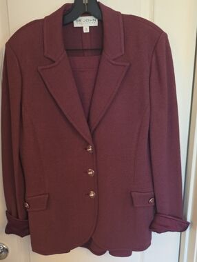 St. John Women's Wine Knit Skirt Set with Gold Buttons